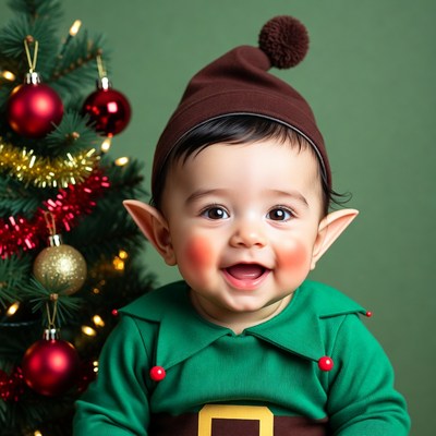 Baby elf smiling with Christmas tree