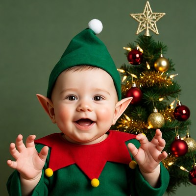 Baby elf smiling with Christmas tree