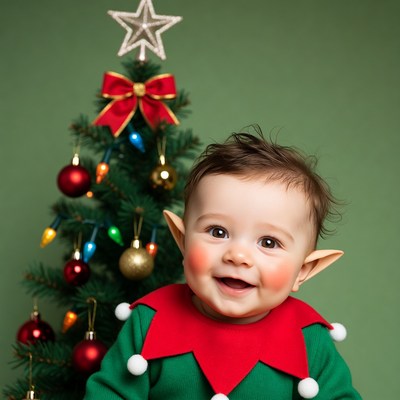 Baby elf smiling with Christmas tree