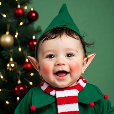 Baby elf smiling with Christmas tree