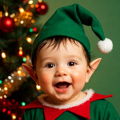 Baby elf smiling with Christmas tree
