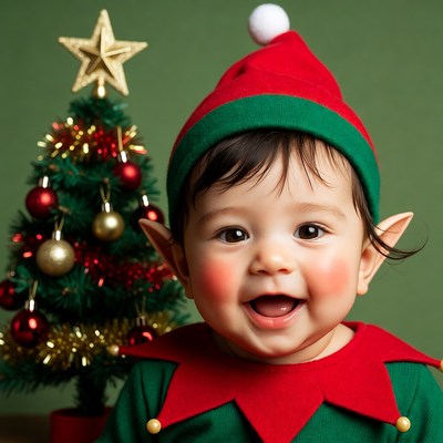 Baby Elf Smiling with Christmas Tree