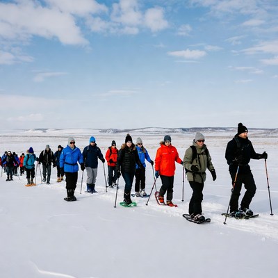 Group snowshoeing on snowy trail