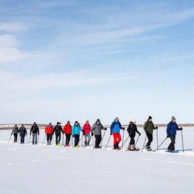 Group cross-country skiing snowy landscape