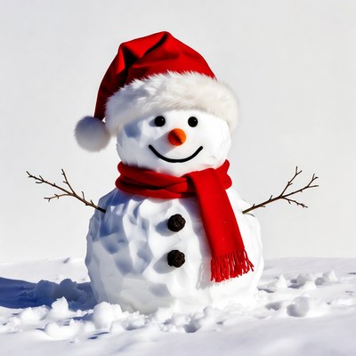 Snowman wearing Santa hat and scarf