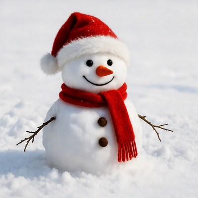 Snowman wearing red Santa hat scarf