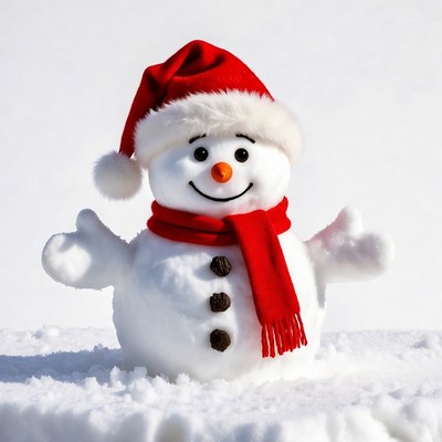 Snowman wearing Santa hat and scarf