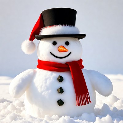 Smiling Snowman with Red Scarf and Hat