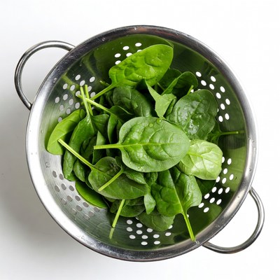 Fresh Spinach in Metal Strainer