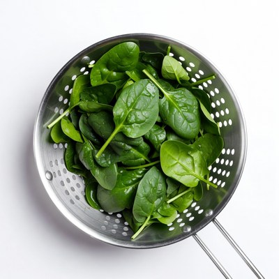 Fresh Spinach in Metal Strainer