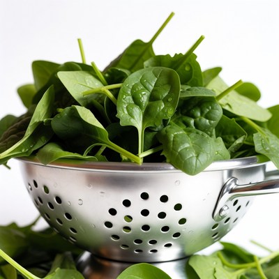 Fresh Spinach in Metal Colander