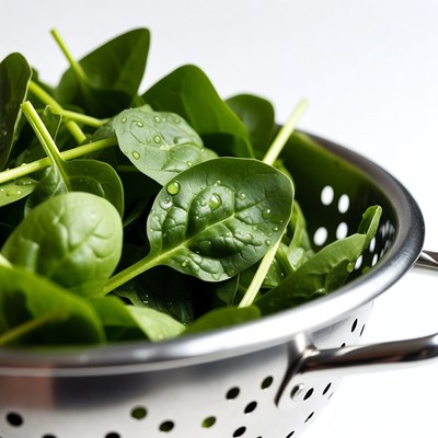 Fresh spinach in metal colander