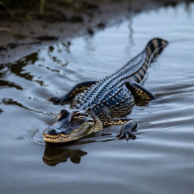 American alligator swimming in swamp water