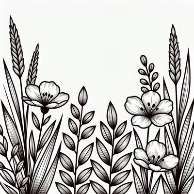 Black and White Floral Wheat Illustration