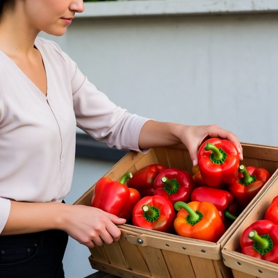 Woman picking red bell peppers