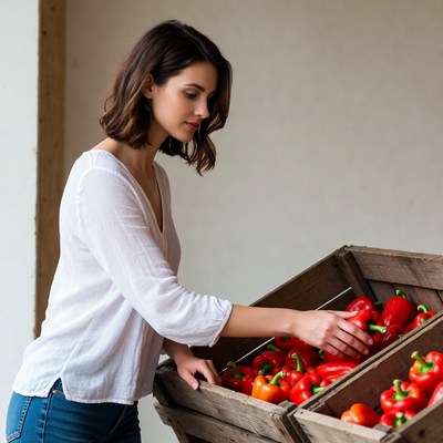 Woman picking red peppers from crate