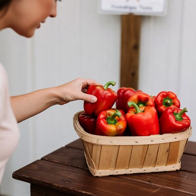 Woman picking red bell pepper from basket