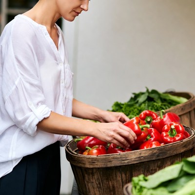 Woman selecting red peppers at market