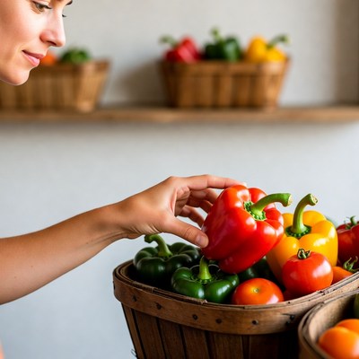 Woman picking red bell pepper