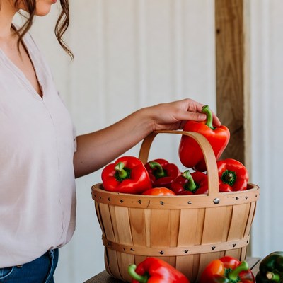 Woman holding basket of red peppers