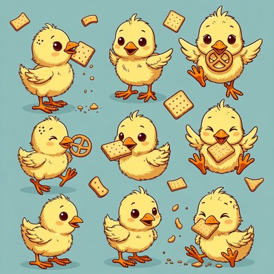 Cute Chicks Eating Pretzels