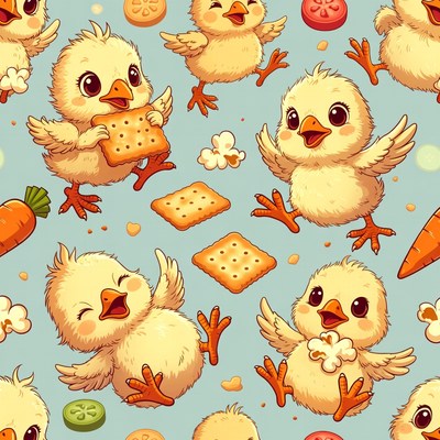Cute Chicks Eating Snacks Illustration