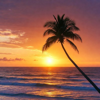 Palm Tree Silhouette at Sunset Beach