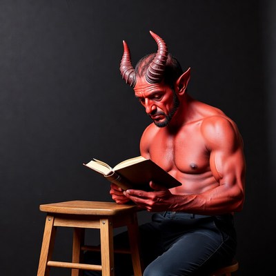 Muscular red demon reading book