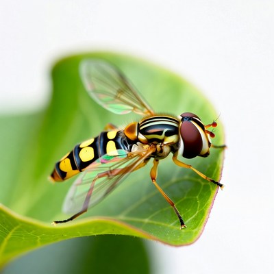 Yellow-striped Hoverfly on Green Leaf