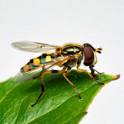 Colorful Hoverfly on Green Leaf