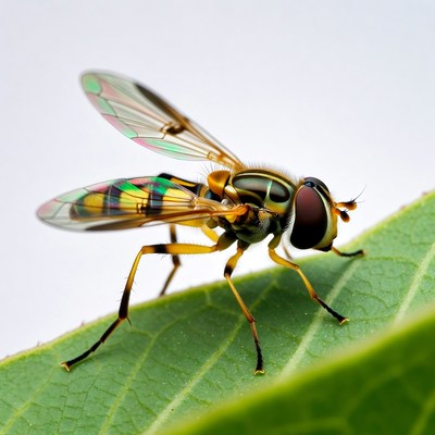 Colorful Hoverfly on Green Leaf