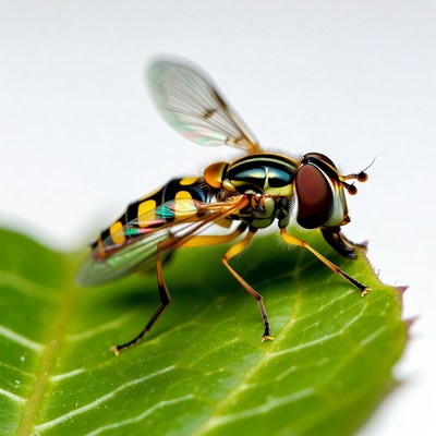 Colorful Hoverfly on Green Leaf