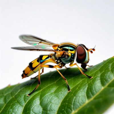 Colorful Hoverfly on Green Leaf