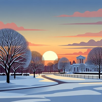 Winter Sunset Over Snowy Temple Park