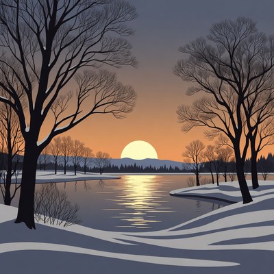 Winter Sunset Over Snowy Lake