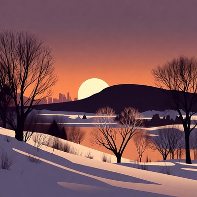 Winter Sunset Over Snowy Lake and City