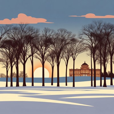 Sunset behind palace and snowy trees