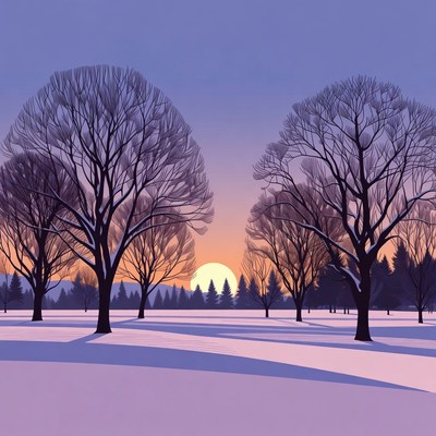 Winter Sunset with Bare Trees