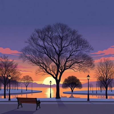 Winter Park Bench Sunset Illustration