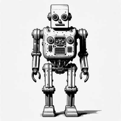 Vintage line art robot standing