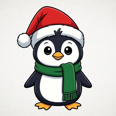 Cute Cartoon Penguin in Santa Hat