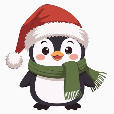 Cute Penguin Wearing Santa Hat Scarf