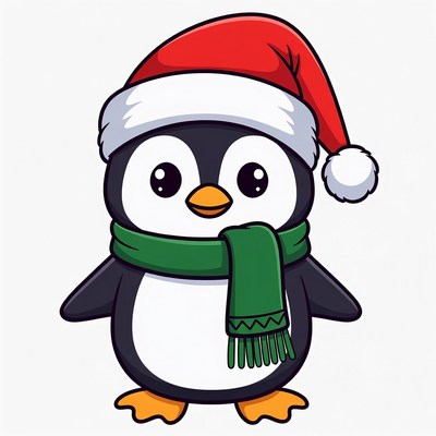 Cute Penguin Wearing Santa Hat Scarf