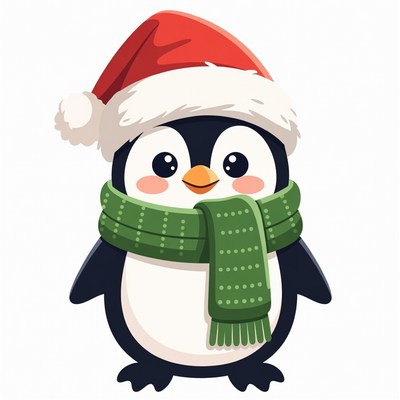 Cute Penguin Wearing Santa Hat Scarf