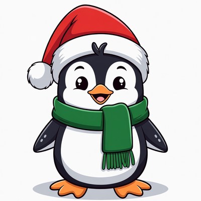 Cute Penguin Wearing Santa Hat Scarf