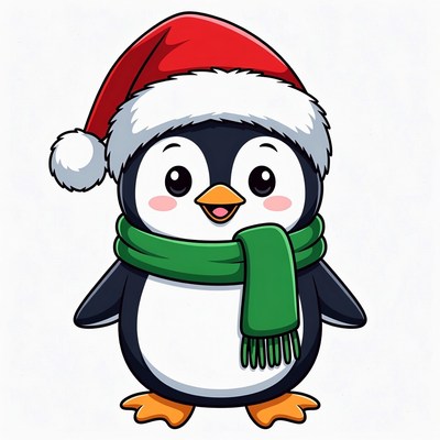 Cute Penguin Wearing Santa Hat Scarf