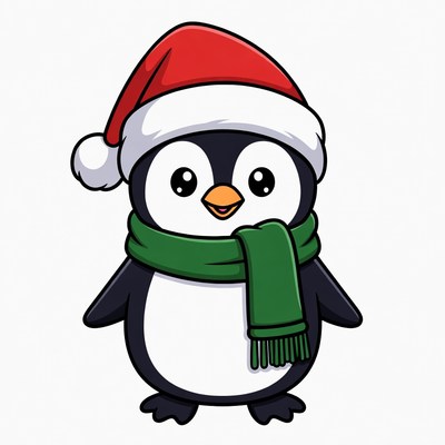 Cute Penguin Wearing Santa Hat Scarf