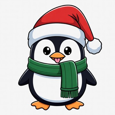 Cute Cartoon Penguin in Santa Hat