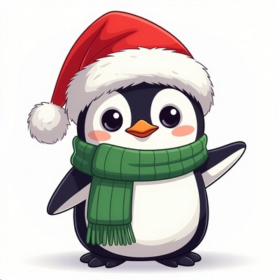 Cute Penguin Wearing Santa Hat Scarf