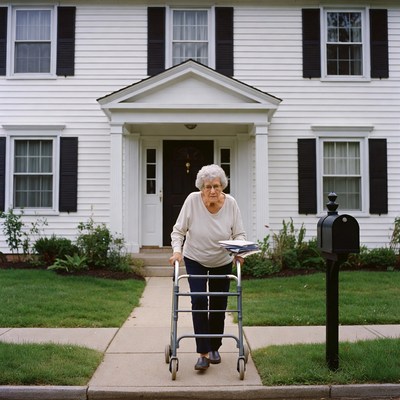 Elderly woman walker front white house